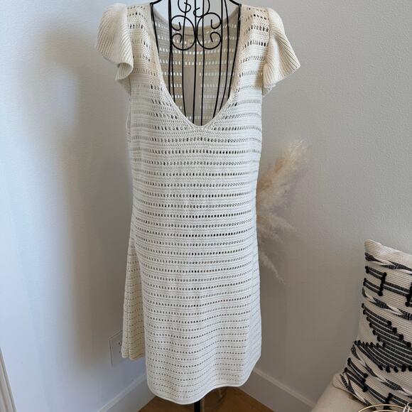 Treasure & Bond Flutter Sleeve Crochet Cream Linen Blend Sweater NEW Large - Picture 3 of 11